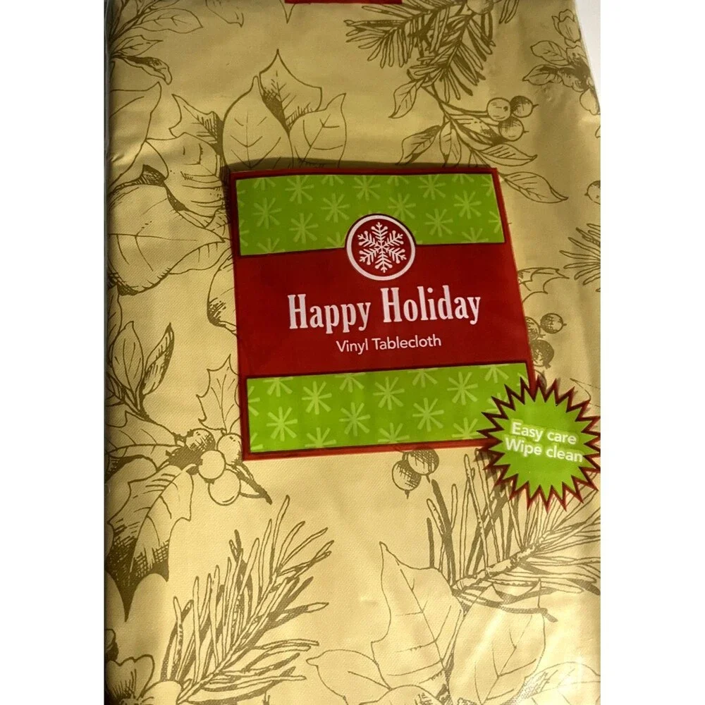 Christmas Poinsettia Pinecone Vinyl Tablecloth Flannel Backed Holiday 52x70